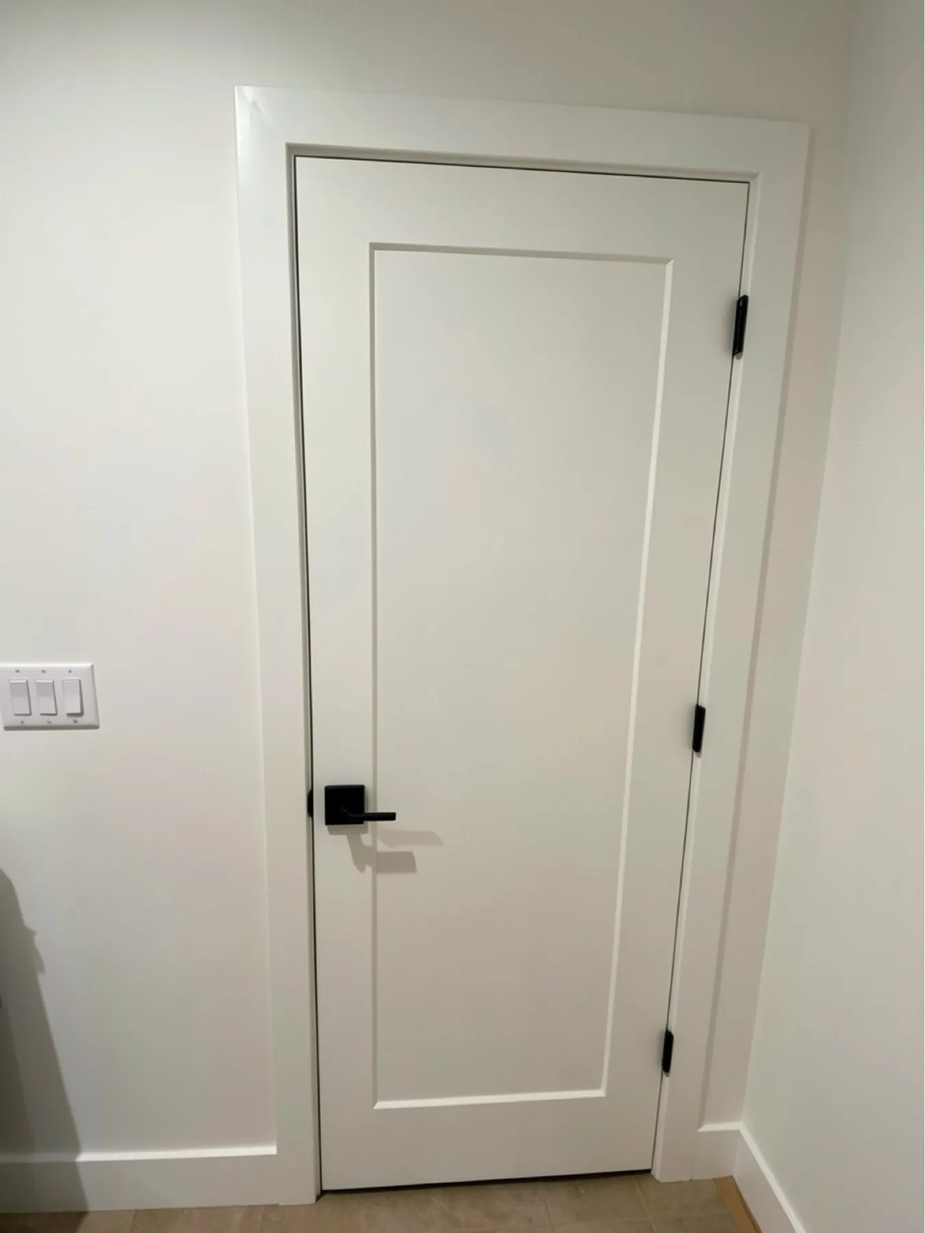 Finished single-panel door with casing and lever hardware at E Calle Ventura