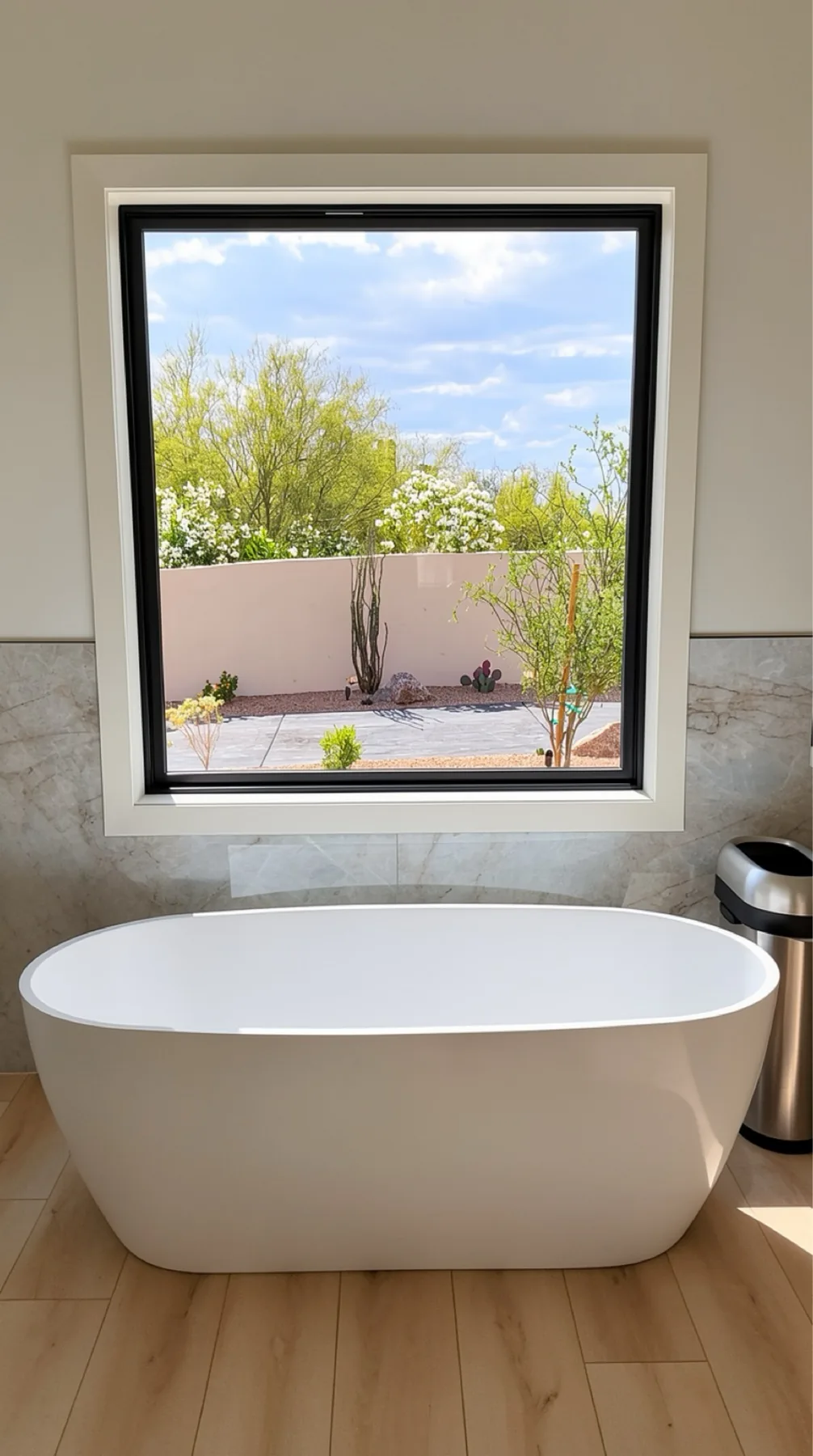 Bathroom window jamb and trim installation above the tub at The El Sendero Project
